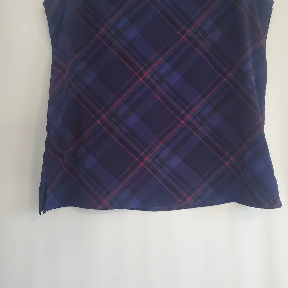 TALBOTS Size M Tartan navy plaid sleeveless, detail ruffle neck Holiday tank top - Picture 6 of 8